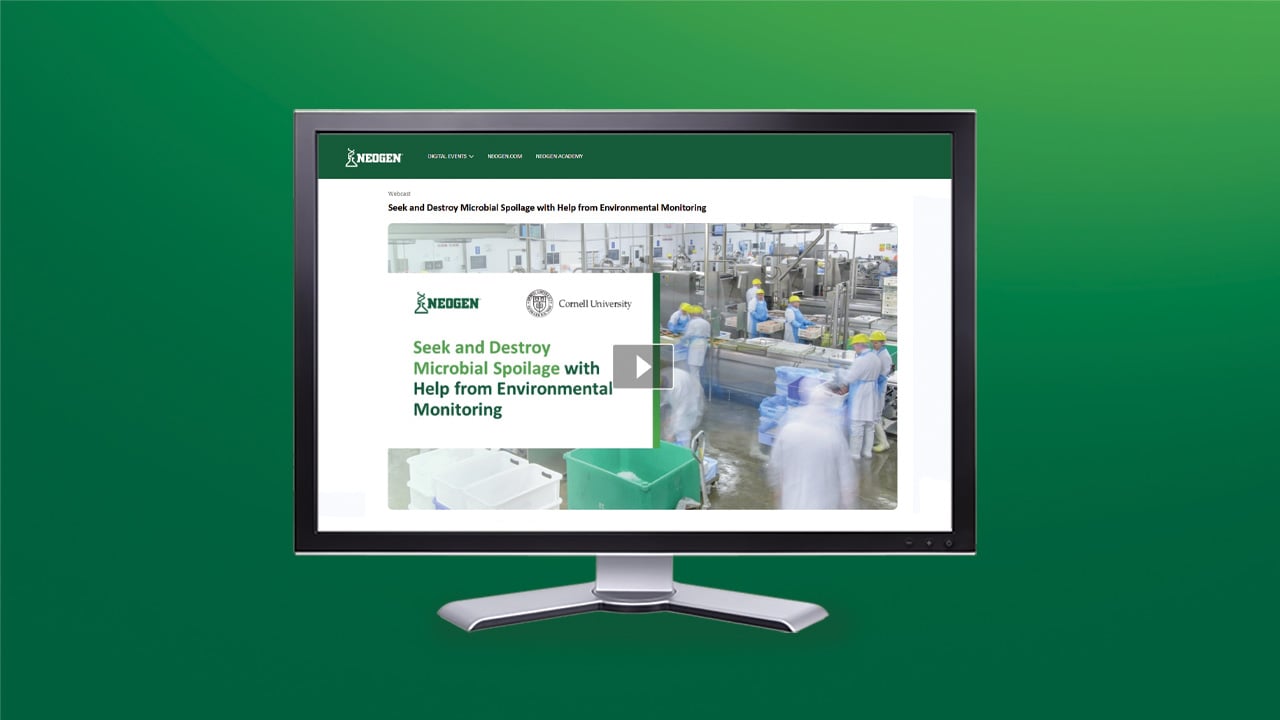 Computer screen displaying a Neogen webinar on microbial spoilage and environmental monitoring in food production.