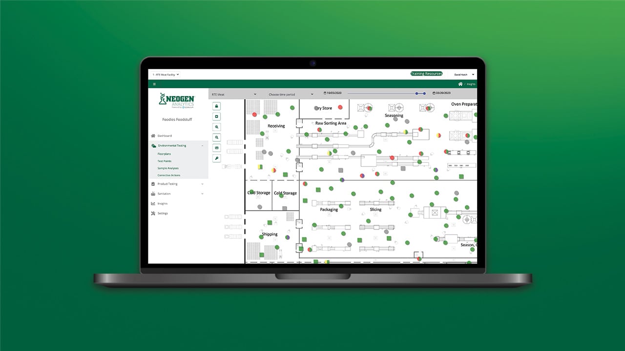Neogen Analytics dashboard displaying a food processing facility map with environmental monitoring data points.